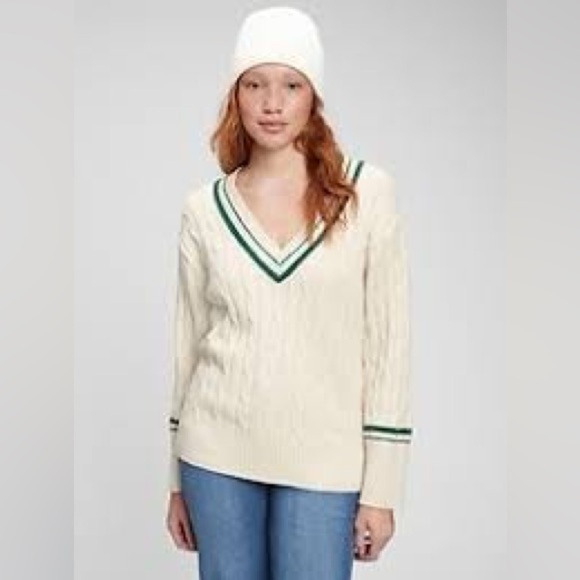 GAP Varsity cable knit Ivory green v neck sweater - Picture 1 of 6